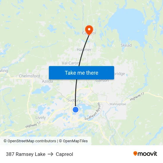 387 Ramsey Lake to Capreol map