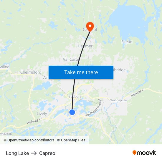 Long Lake to Capreol map