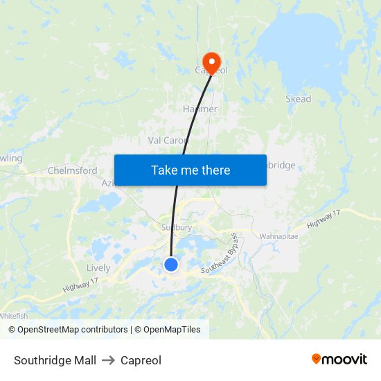 Southridge Mall to Capreol map