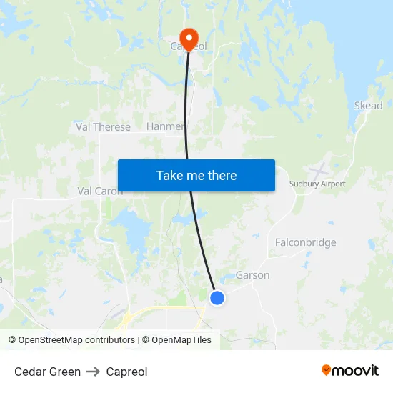 Cedar Green to Capreol map