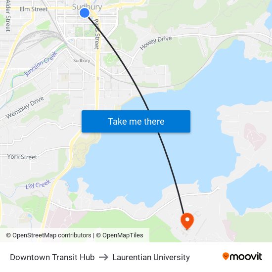 Transit Terminal to Laurentian University map