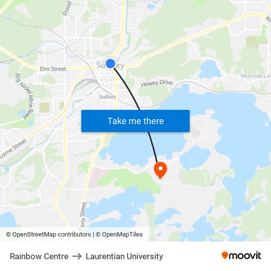 Rainbow Centre to Laurentian University map