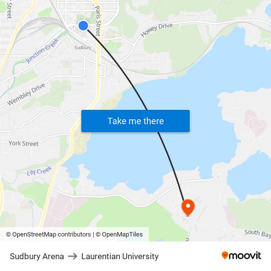 Sudbury Arena to Laurentian University map
