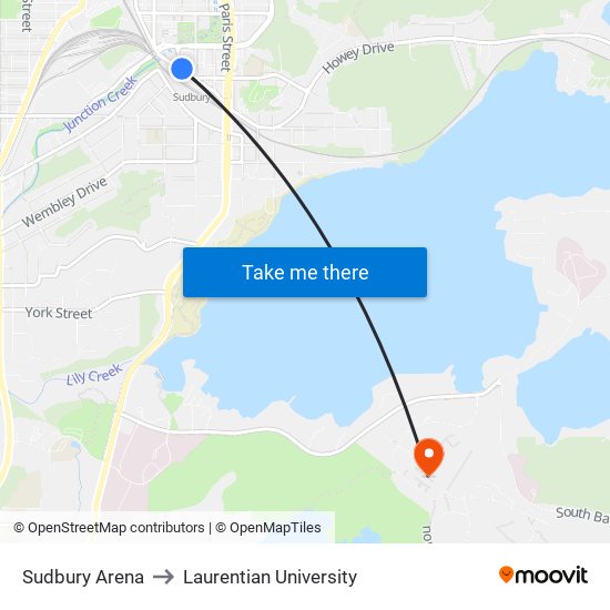 Sudbury Arena to Laurentian University map