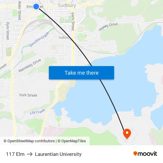 117 Elm to Laurentian University map