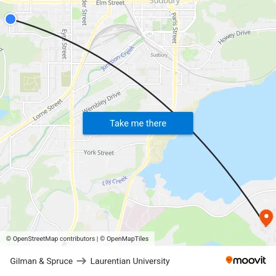 Gilman & Spruce to Laurentian University map