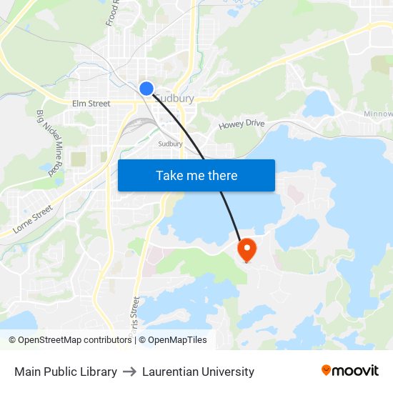 Main Public Library to Laurentian University map