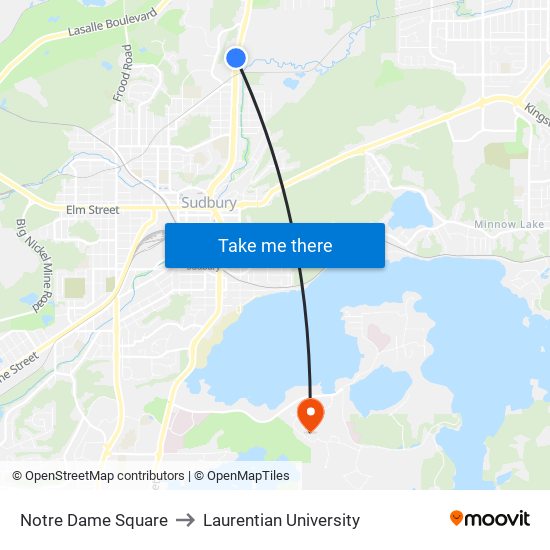 Notre Dame Square to Laurentian University map