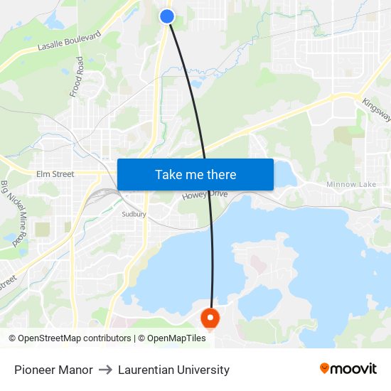 Pioneer Manor to Laurentian University map