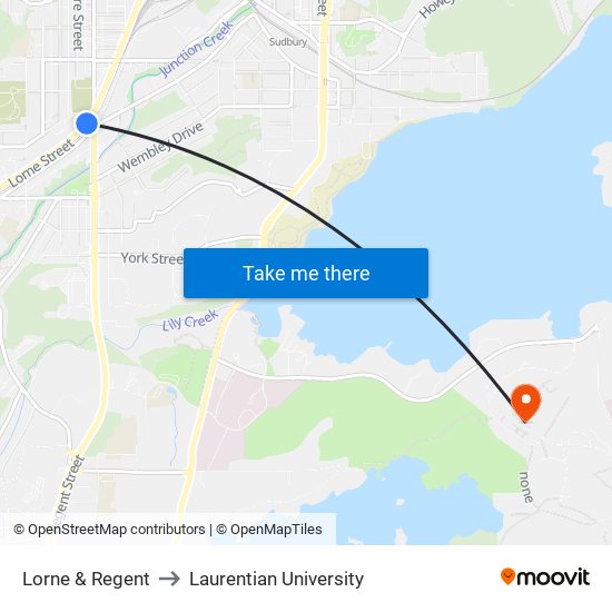 Lorne & Regent to Laurentian University map