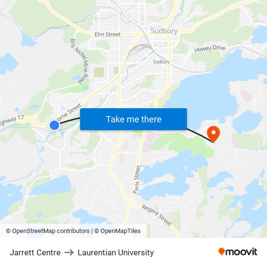 Jarrett Centre to Laurentian University map