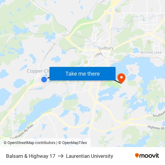 Balsam & Highway 17 to Laurentian University map