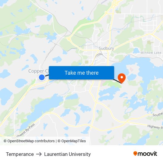 Temperance to Laurentian University map