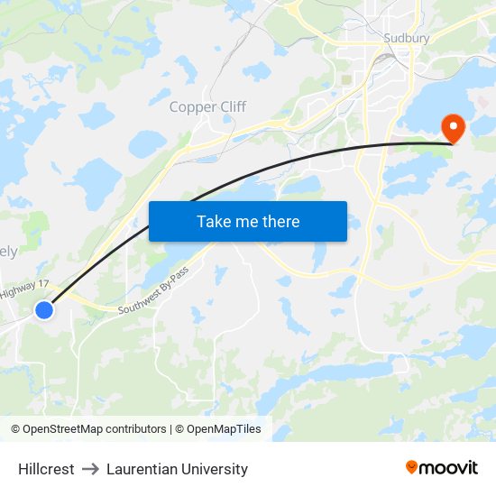 Hillcrest to Laurentian University map