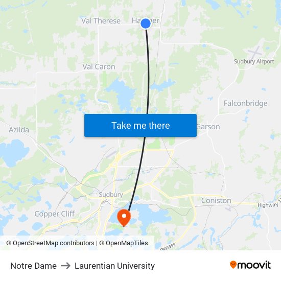 Notre Dame to Laurentian University map