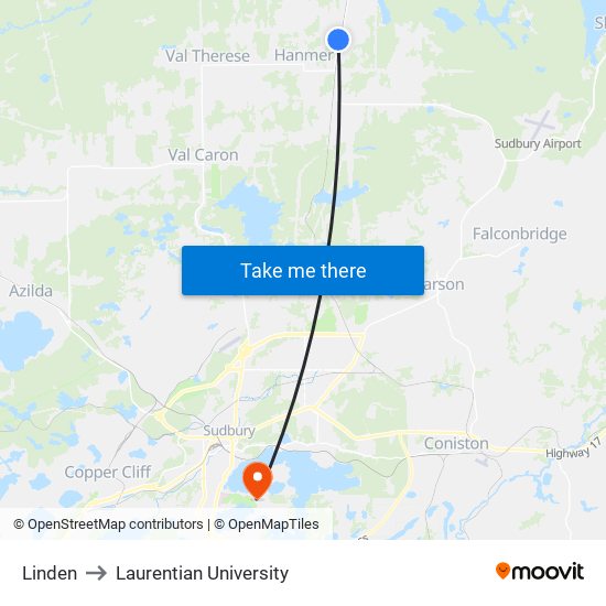 Linden to Laurentian University map