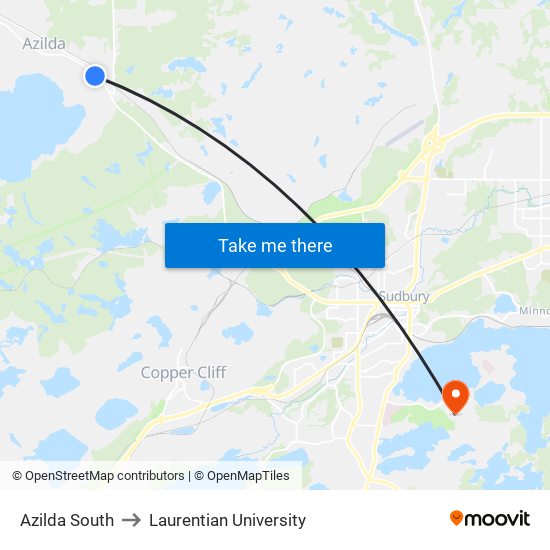 Azilda South to Laurentian University map