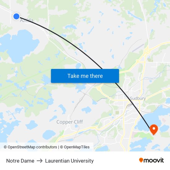 Notre Dame to Laurentian University map