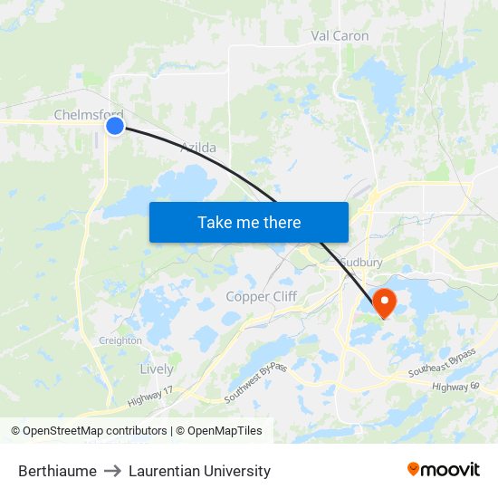 Berthiaume to Laurentian University map