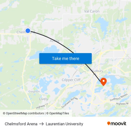 Chelmsford Arena to Laurentian University map