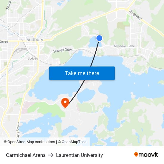 Carmichael Arena to Laurentian University map