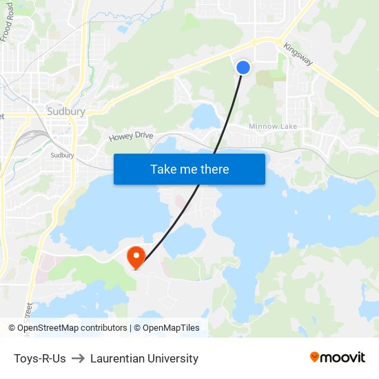 Toys-R-Us to Laurentian University map