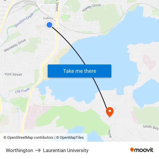 Worthington to Laurentian University map