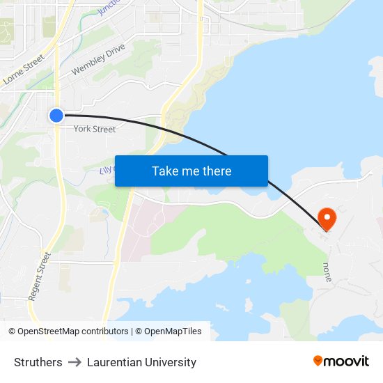 Struthers to Laurentian University map