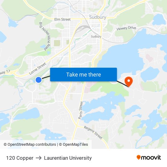 120 Copper to Laurentian University map