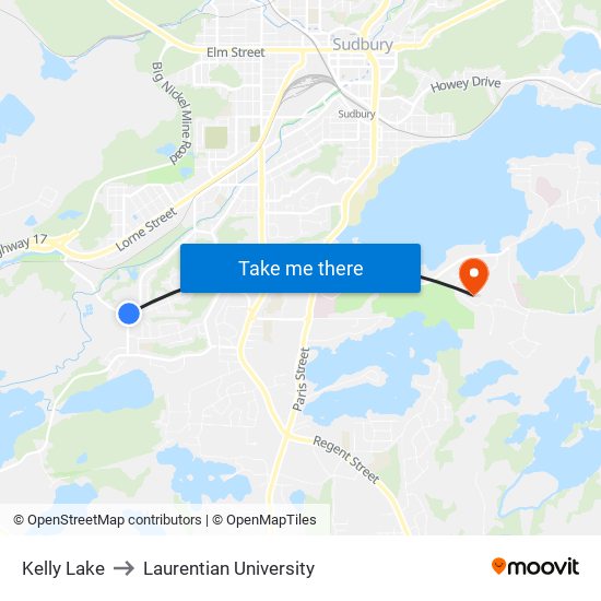 Kelly Lake to Laurentian University map