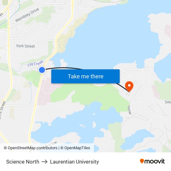 Science North to Laurentian University map