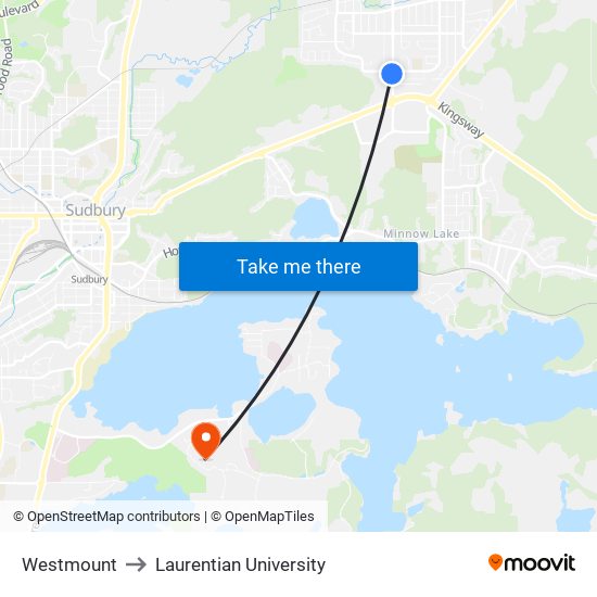 Westmount to Laurentian University map