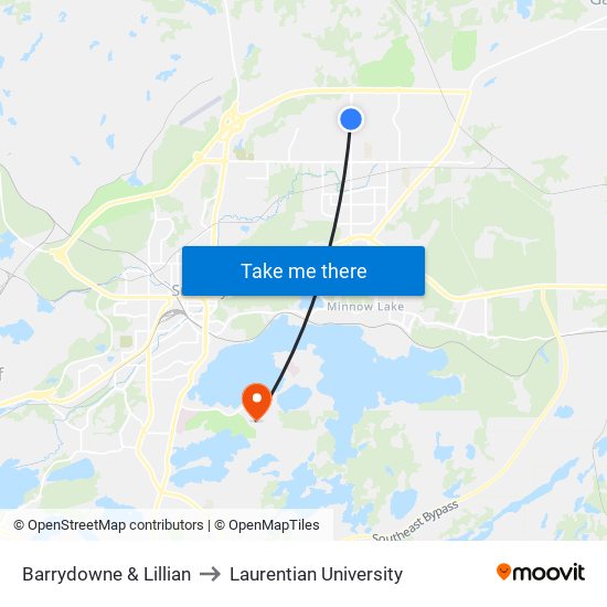 Barrydowne & Lillian to Laurentian University map