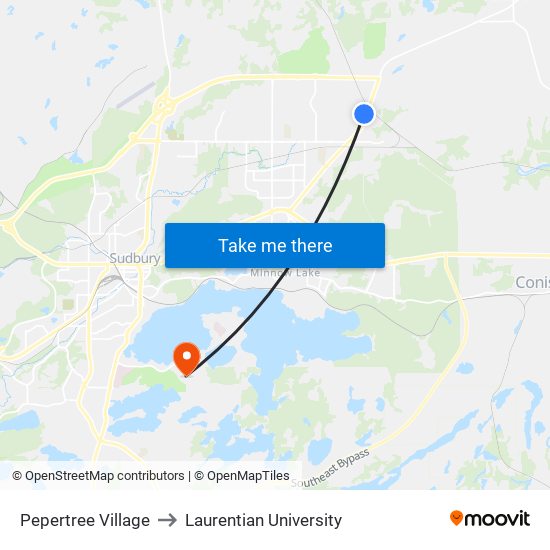 Pepertree Village to Laurentian University map