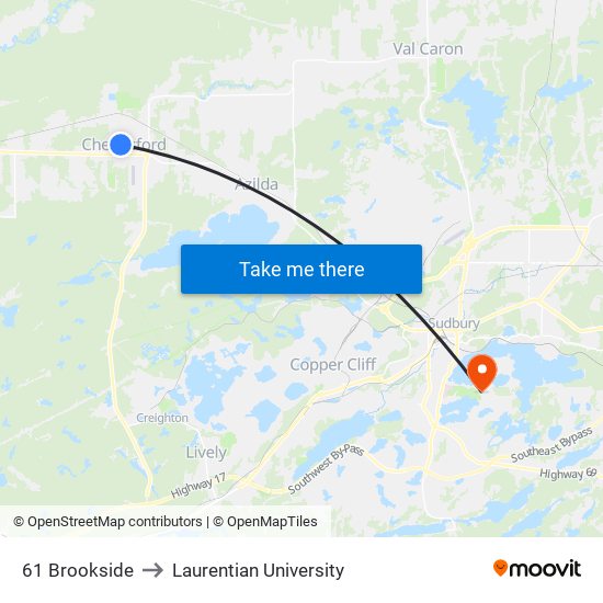 61 Brookside to Laurentian University map