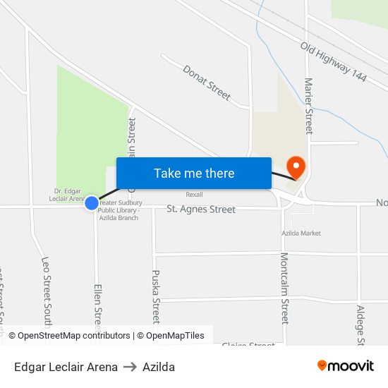 Edgar Leclair Arena to Azilda map