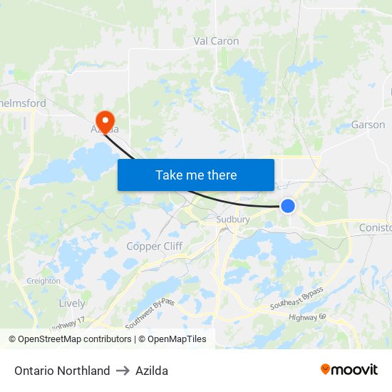 Ontario Northland to Azilda map