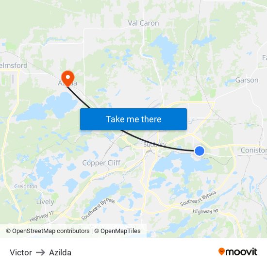 Victor to Azilda map