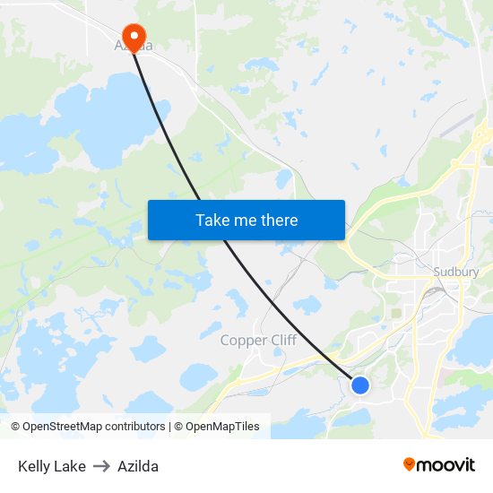 Kelly Lake to Azilda map