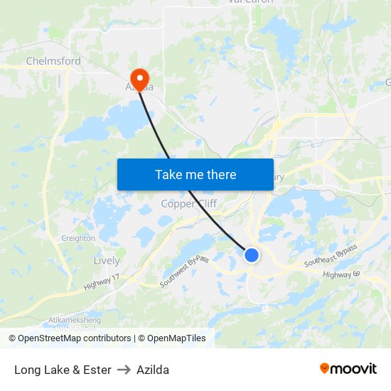 Long Lake & Ester to Azilda map
