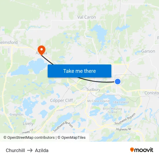 Churchill to Azilda map