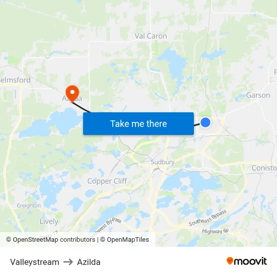 Valleystream to Azilda map