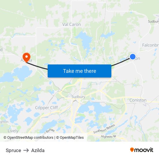 Spruce to Azilda map