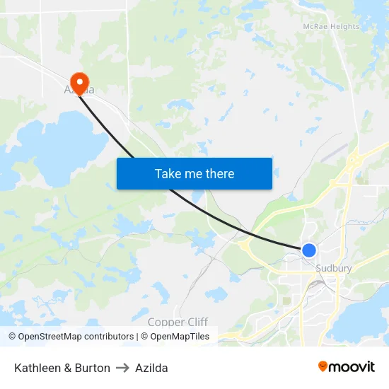 Kathleen & Burton to Azilda map