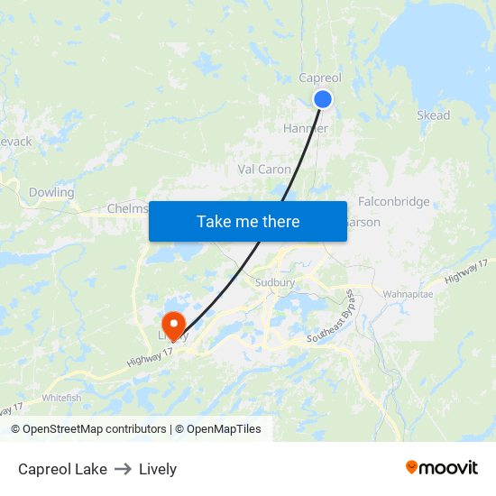 Capreol Lake to Lively map
