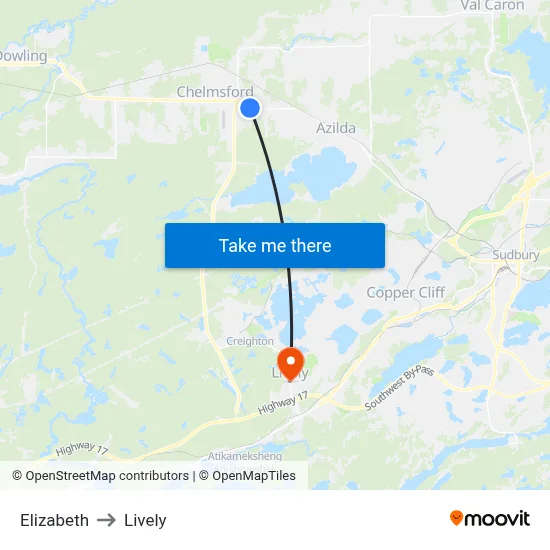 Elizabeth to Lively map