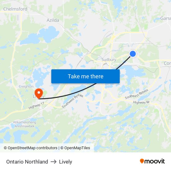 Ontario Northland to Lively map