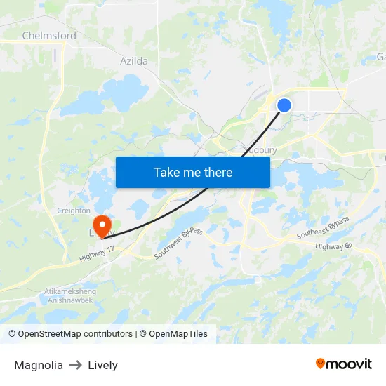 Magnolia to Lively map