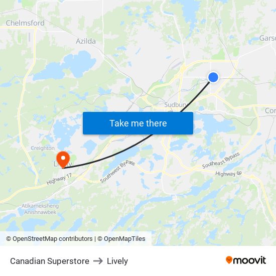 Canadian Superstore to Lively map