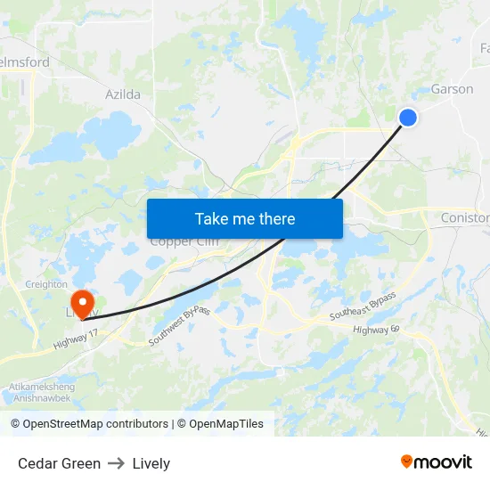 Cedar Green to Lively map